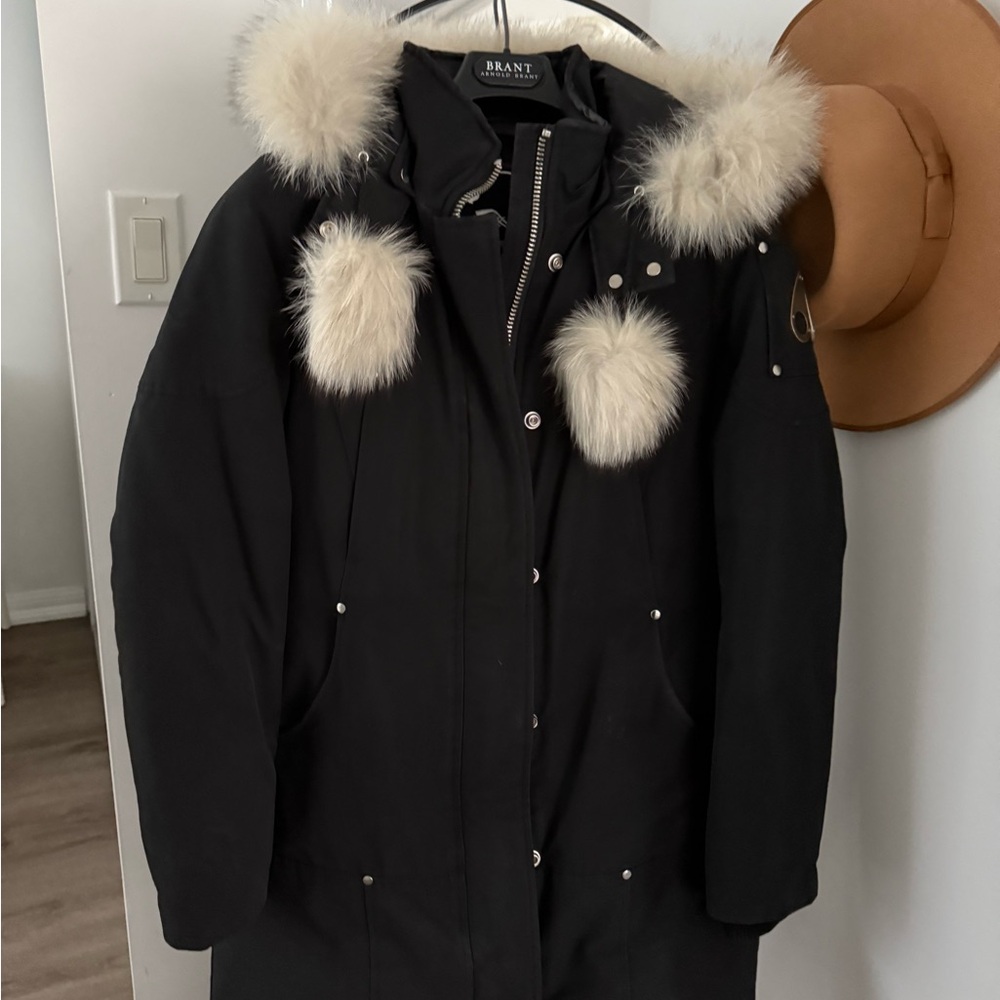 Moose Knuckles Black Puffer Coat with White Fur Trim